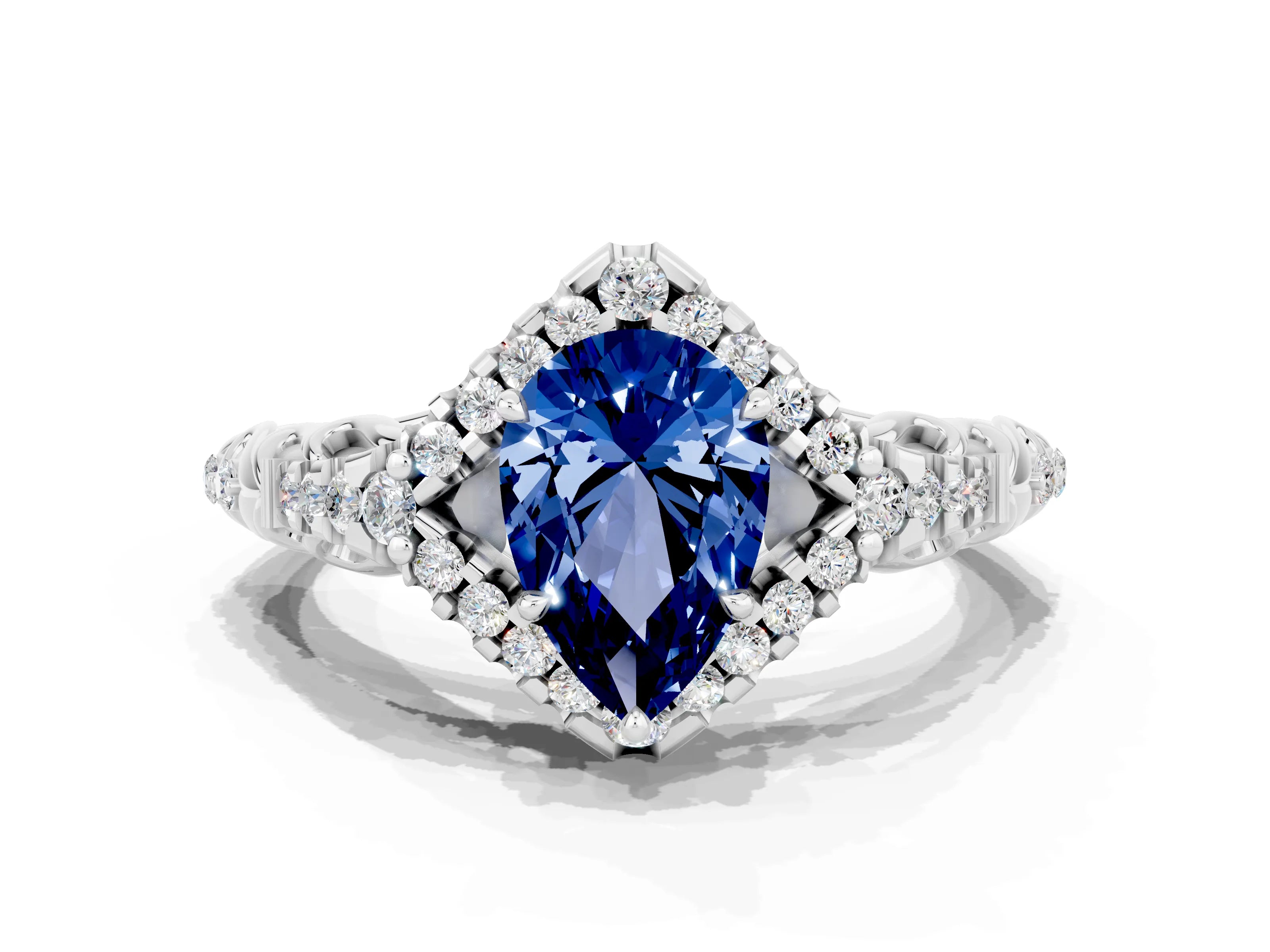 White gold Pear Cut Blue Sapphire Solitaire Ring with Hidden Halo and Pavé Band_12