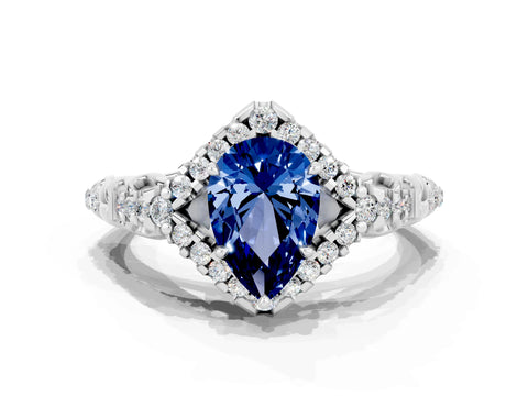 White gold Pear Cut Blue Sapphire Solitaire Ring with Hidden Halo and Pavé Band_12