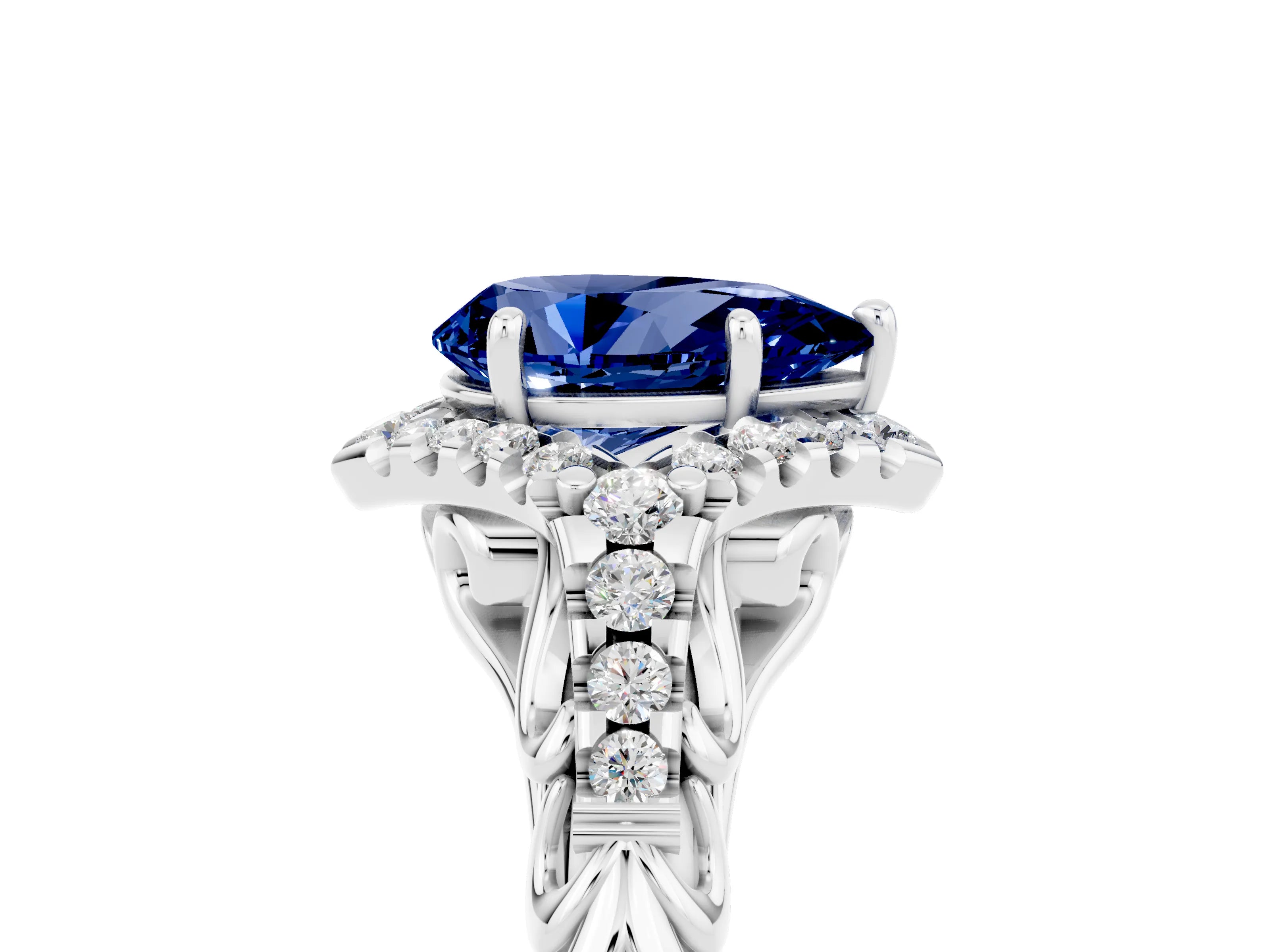 White gold Pear Cut Blue Sapphire Solitaire Ring with Hidden Halo and Pavé Band_17
