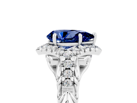White gold Pear Cut Blue Sapphire Solitaire Ring with Hidden Halo and Pavé Band_17
