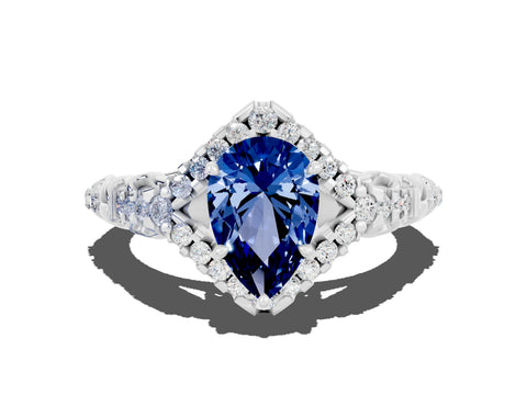 White gold Pear Cut Blue Sapphire Solitaire Ring with Hidden Halo and Pavé Band_18
