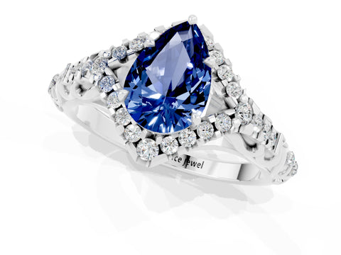 White gold Pear Cut Blue Sapphire Solitaire Ring with Hidden Halo and Pavé Band_19