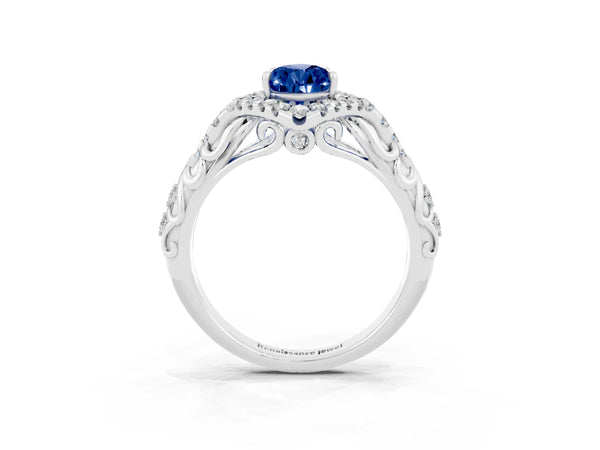 White gold Pear Cut Blue Sapphire Solitaire Ring with Hidden Halo and Pavé Band