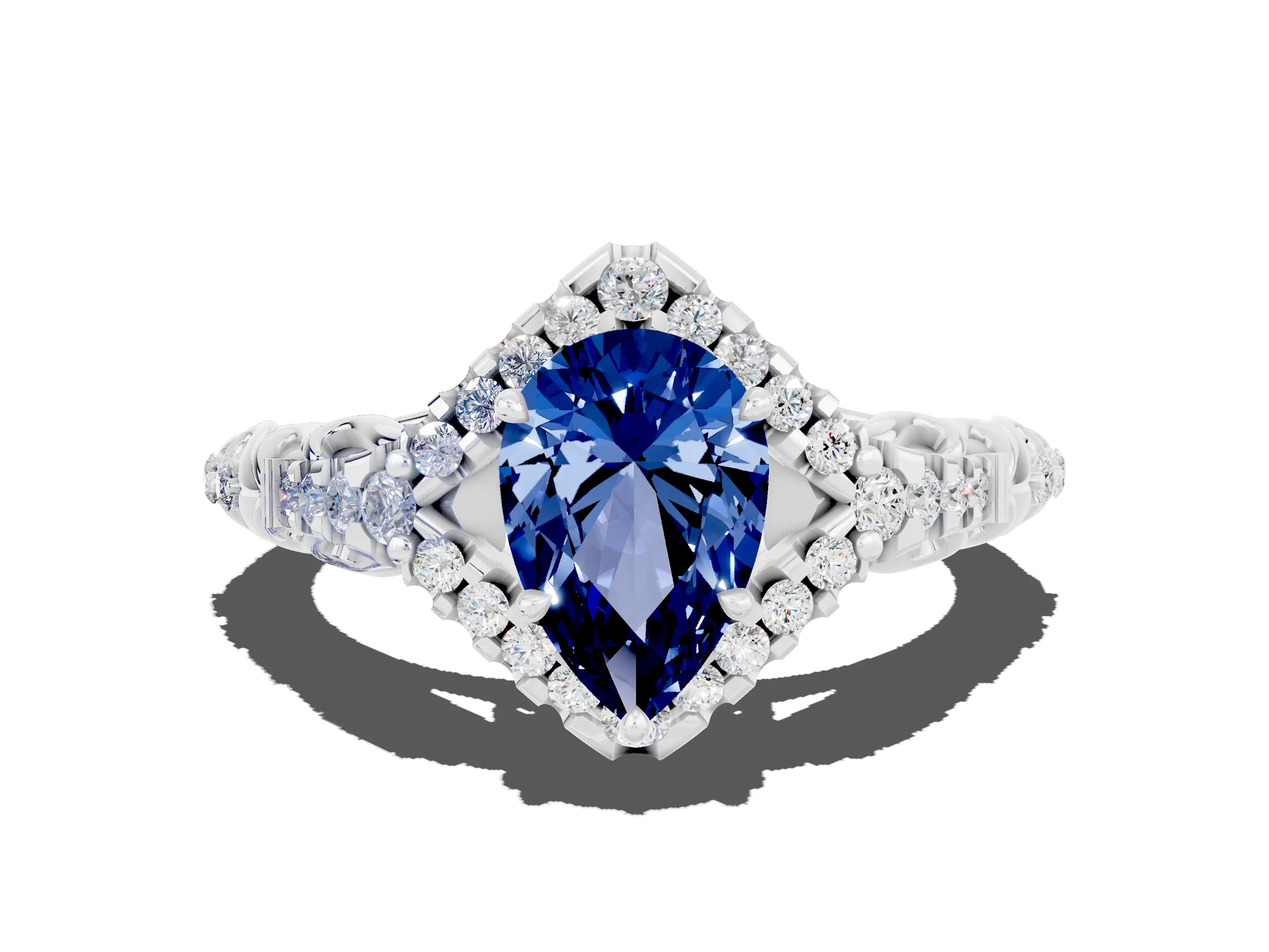 White gold Pear Cut Blue Sapphire Solitaire Ring with Hidden Halo and Pavé Band_22