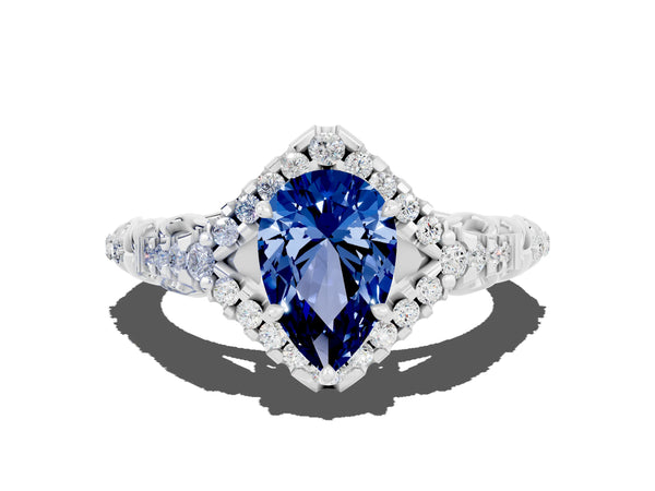 Platinum Pear Cut Blue Sapphire Solitaire Ring with Hidden Halo and Pavé Band