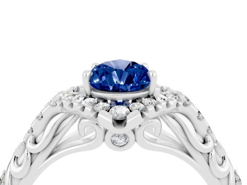 White gold Pear Cut Blue Sapphire Solitaire Ring with Hidden Halo and Pavé Band_26