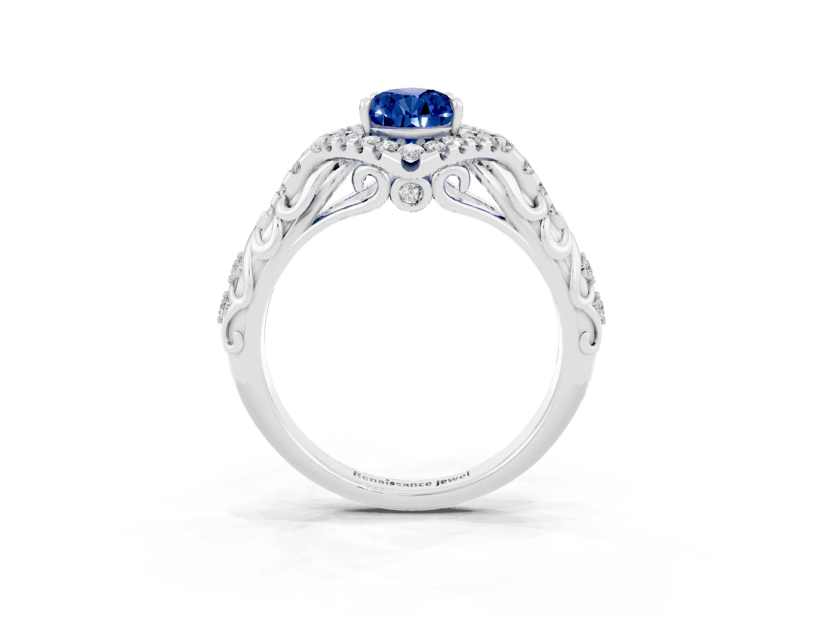 White gold Pear Cut Blue Sapphire Solitaire Ring with Hidden Halo and Pavé Band_27