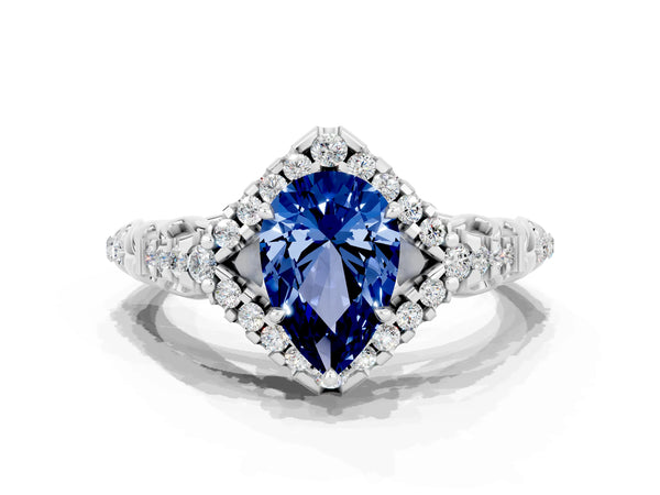 Platinum Pear Cut Blue Sapphire Solitaire Ring with Hidden Halo and Pavé Band