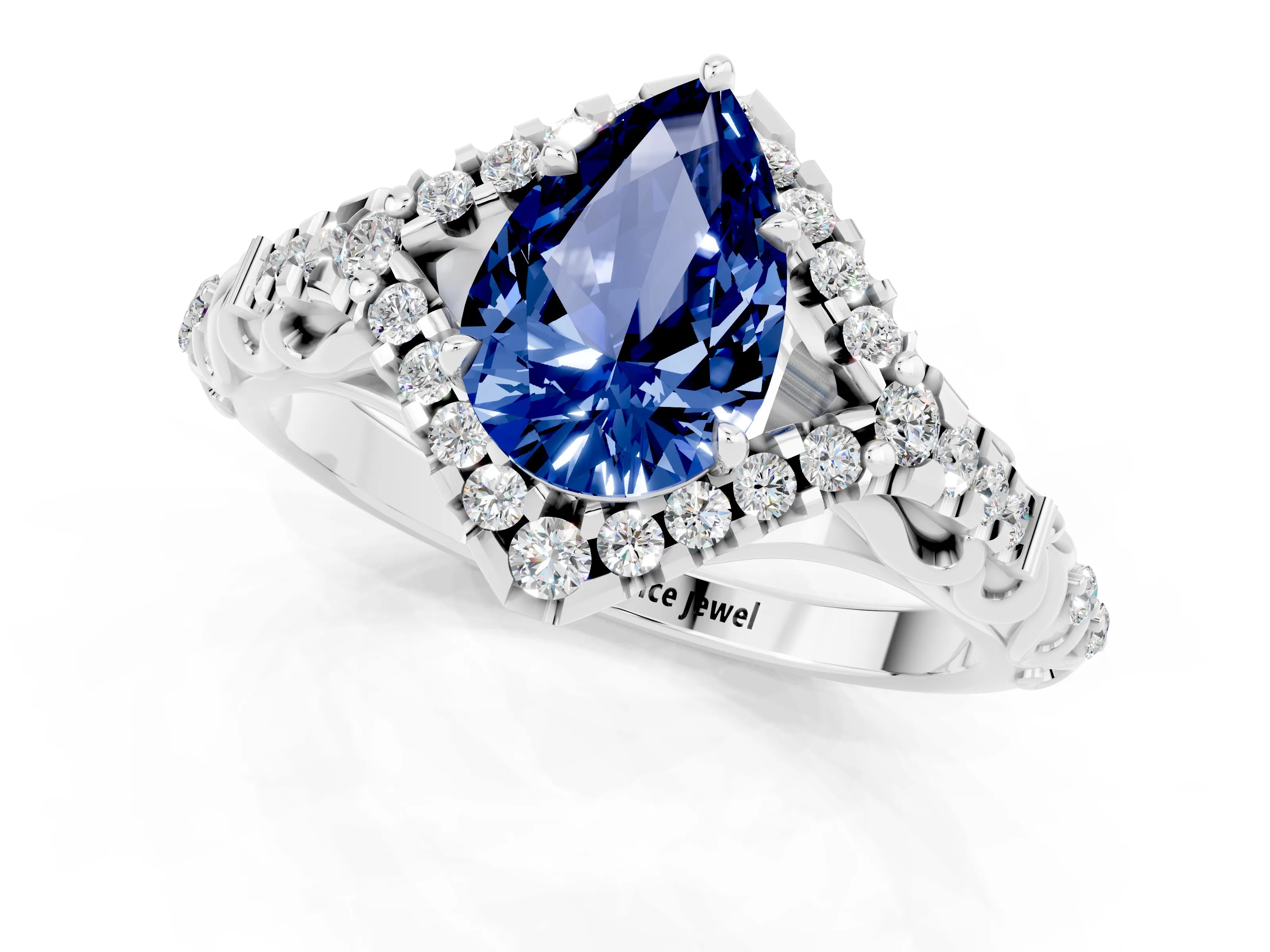 White gold Pear Cut Blue Sapphire Solitaire Ring with Hidden Halo and Pavé Band_37
