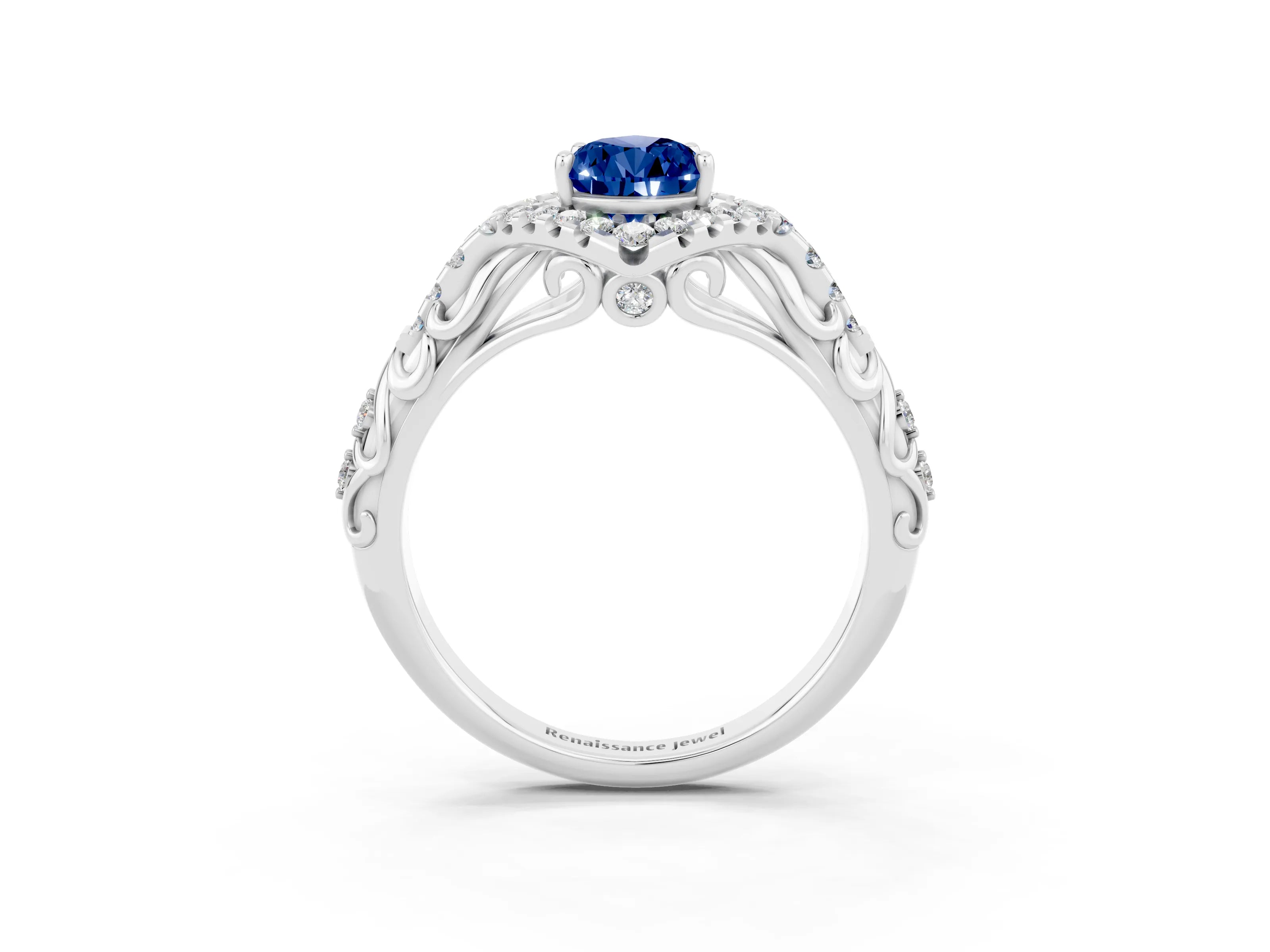 White gold Pear Cut Blue Sapphire Solitaire Ring with Hidden Halo and Pavé Band_39