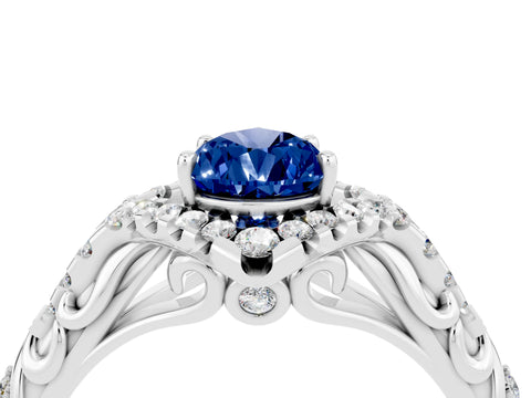White gold Pear Cut Blue Sapphire Solitaire Ring with Hidden Halo and Pavé Band_40