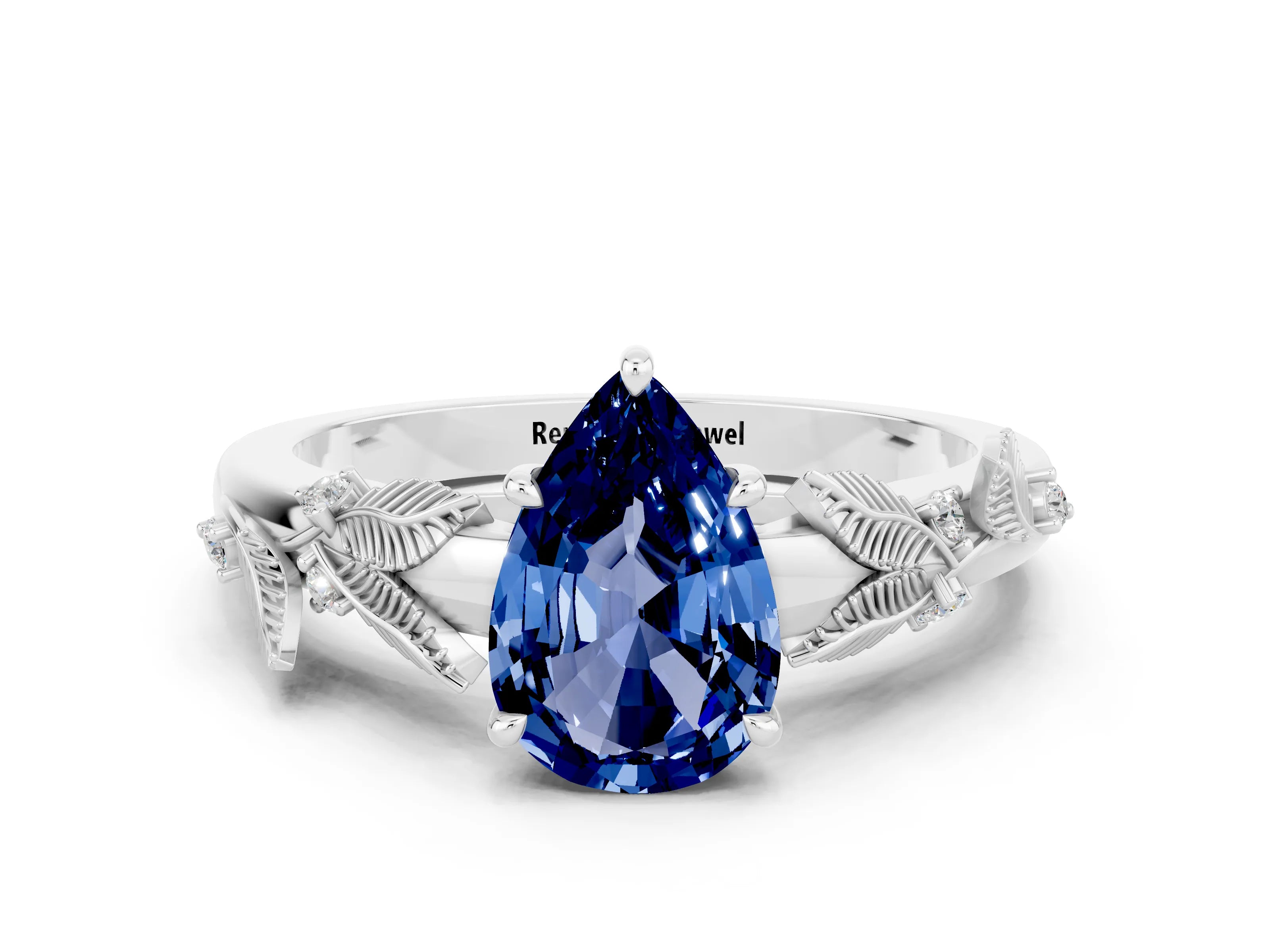White gold Pear Cut Blue Sapphire Solitaire Ring with Leaf Motif Band and Four-Prong Setting_12