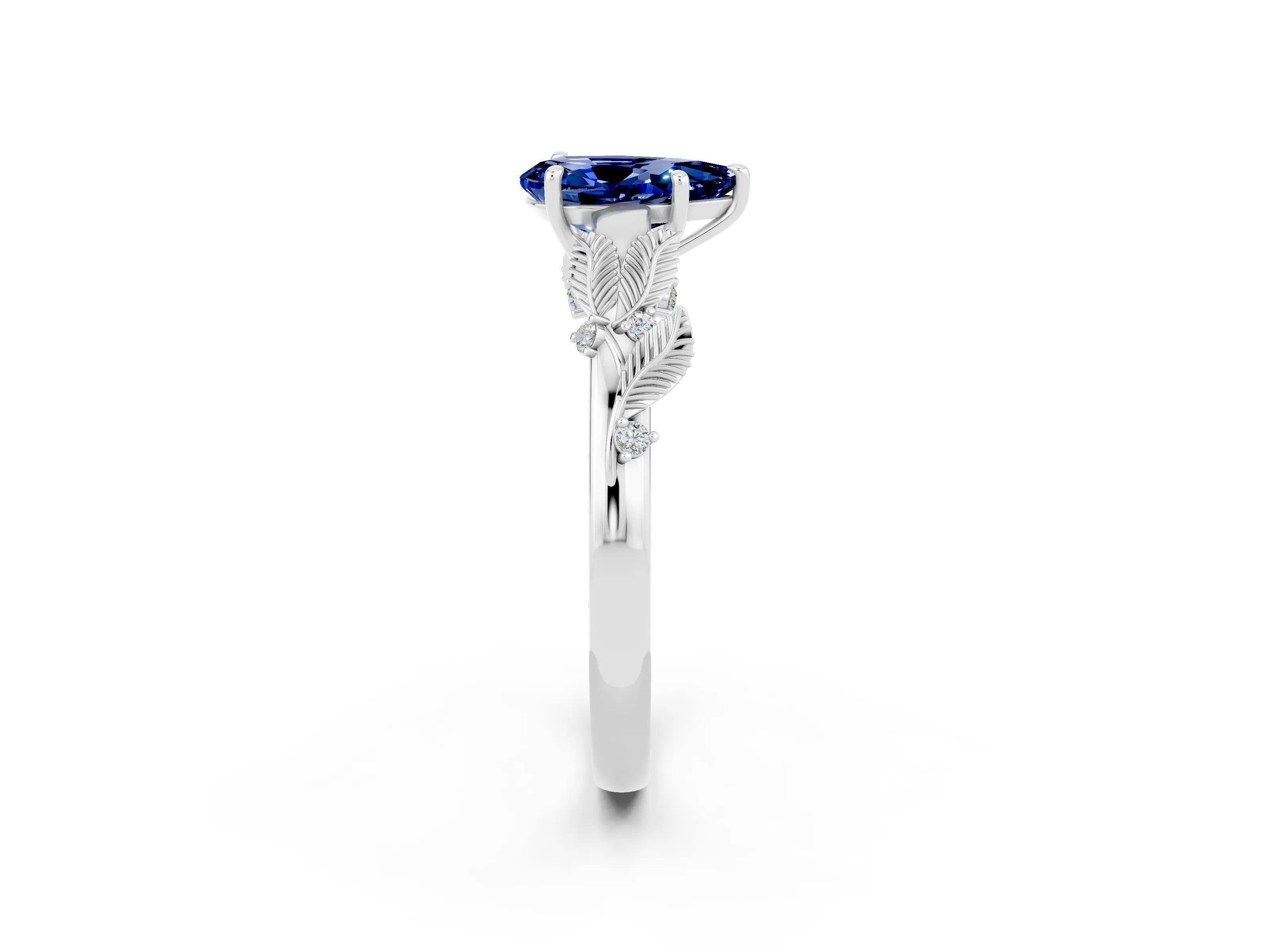 White gold Pear Cut Blue Sapphire Solitaire Ring with Leaf Motif Band and Four-Prong Setting_14