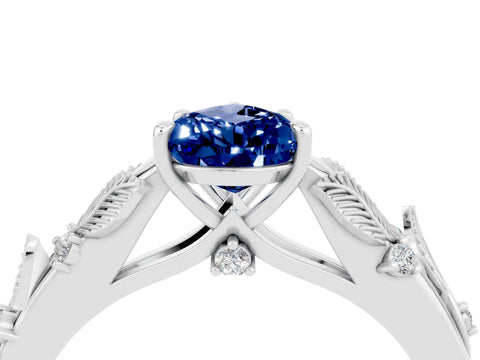 White gold Pear Cut Blue Sapphire Solitaire Ring with Leaf Motif Band and Four-Prong Setting_16