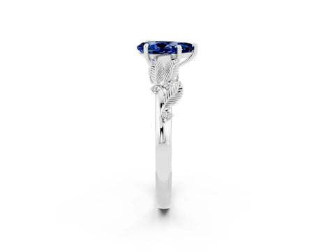 White gold Pear Cut Blue Sapphire Solitaire Ring with Leaf Motif Band and Four-Prong Setting_2