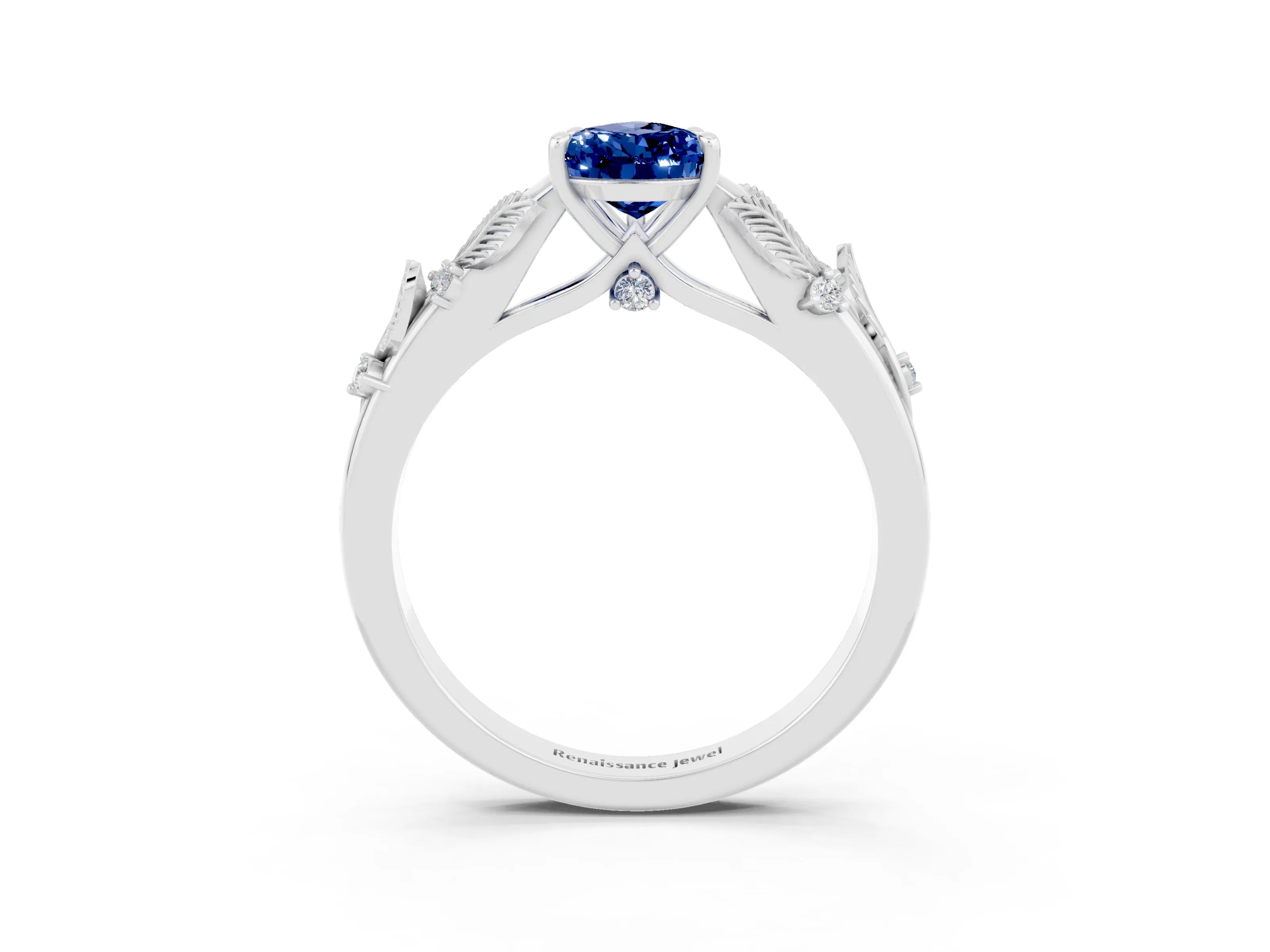 White gold Pear Cut Blue Sapphire Solitaire Ring with Leaf Motif Band and Four-Prong Setting_3