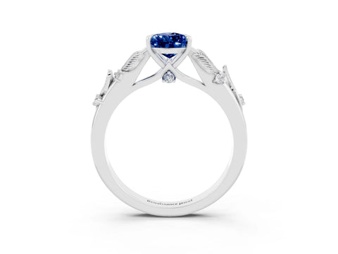 White gold Pear Cut Blue Sapphire Solitaire Ring with Leaf Motif Band and Four-Prong Setting_3