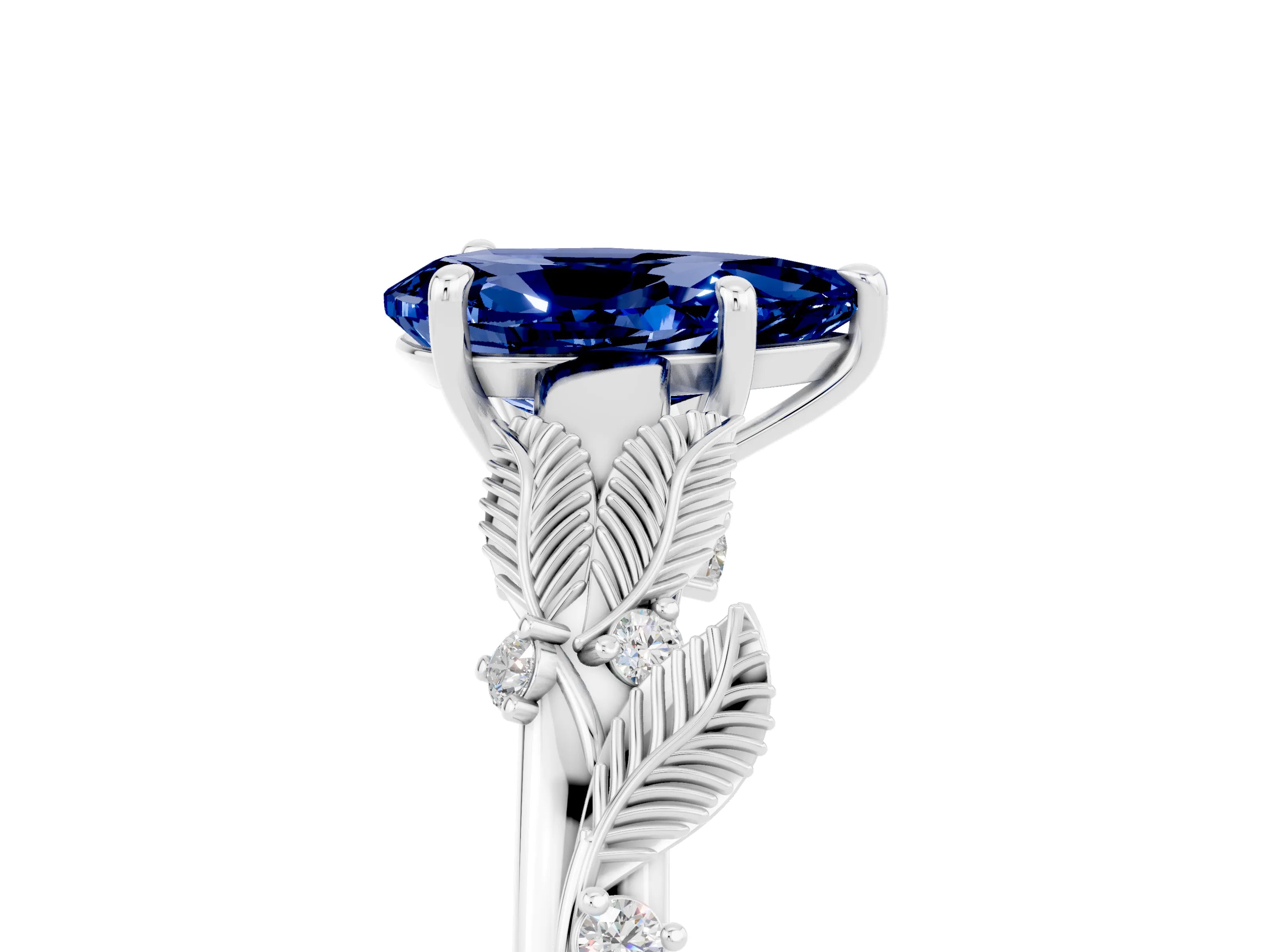 White gold Pear Cut Blue Sapphire Solitaire Ring with Leaf Motif Band and Four-Prong Setting_5