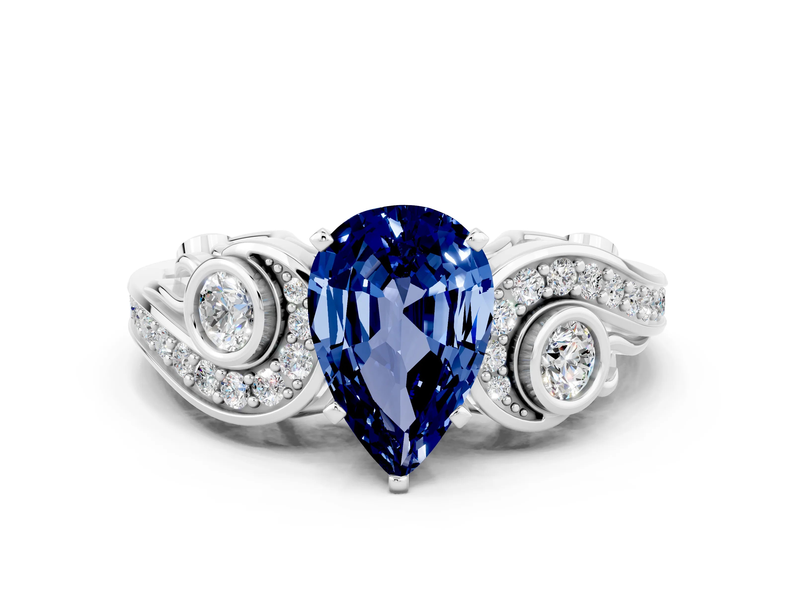 White gold Pear Cut Blue Sapphire Solitaire Ring with Milgrain Pavé Band and Four-Prong Setting_12