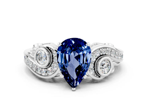 White gold Pear Cut Blue Sapphire Solitaire Ring with Milgrain Pavé Band and Four-Prong Setting_12