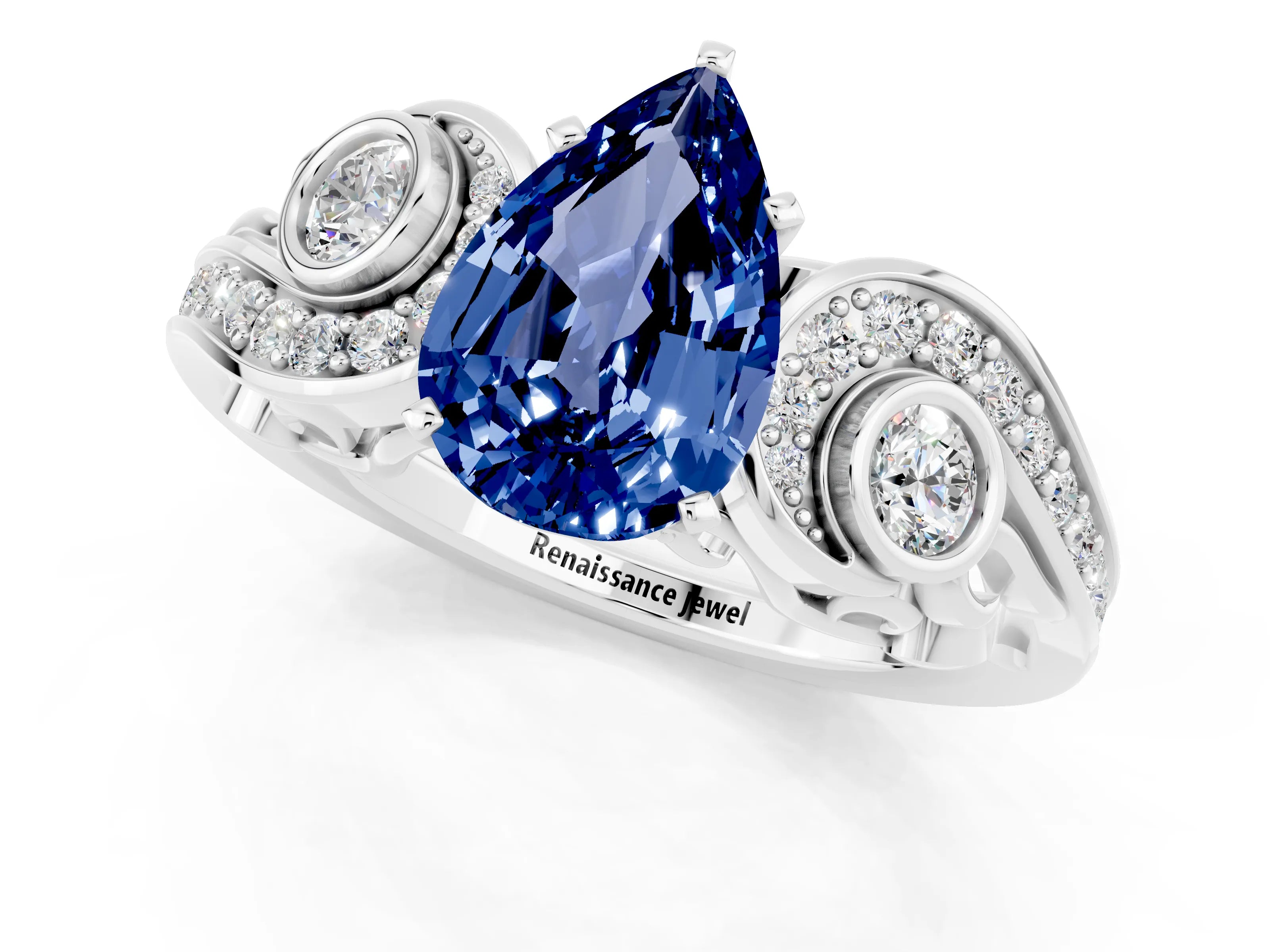 White gold Pear Cut Blue Sapphire Solitaire Ring with Milgrain Pavé Band and Four-Prong Setting_13
