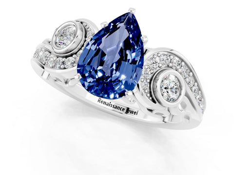 White gold Pear Cut Blue Sapphire Solitaire Ring with Milgrain Pavé Band and Four-Prong Setting_13