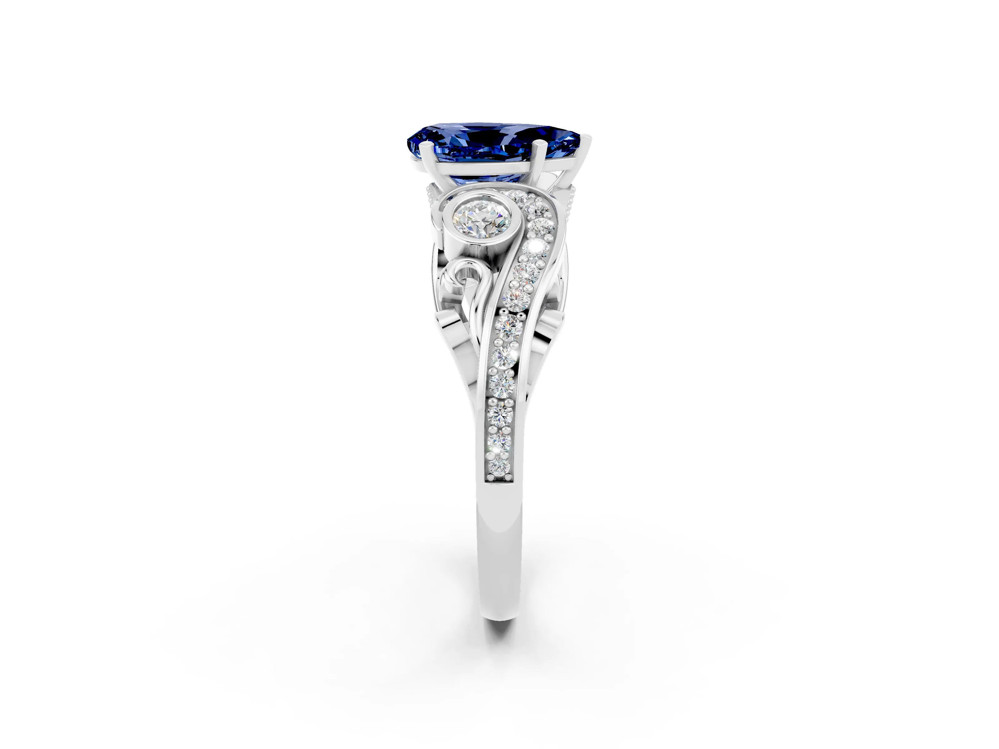 White gold Pear Cut Blue Sapphire Solitaire Ring with Milgrain Pavé Band and Four-Prong Setting_14