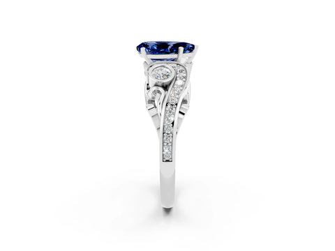 White gold Pear Cut Blue Sapphire Solitaire Ring with Milgrain Pavé Band and Four-Prong Setting_14
