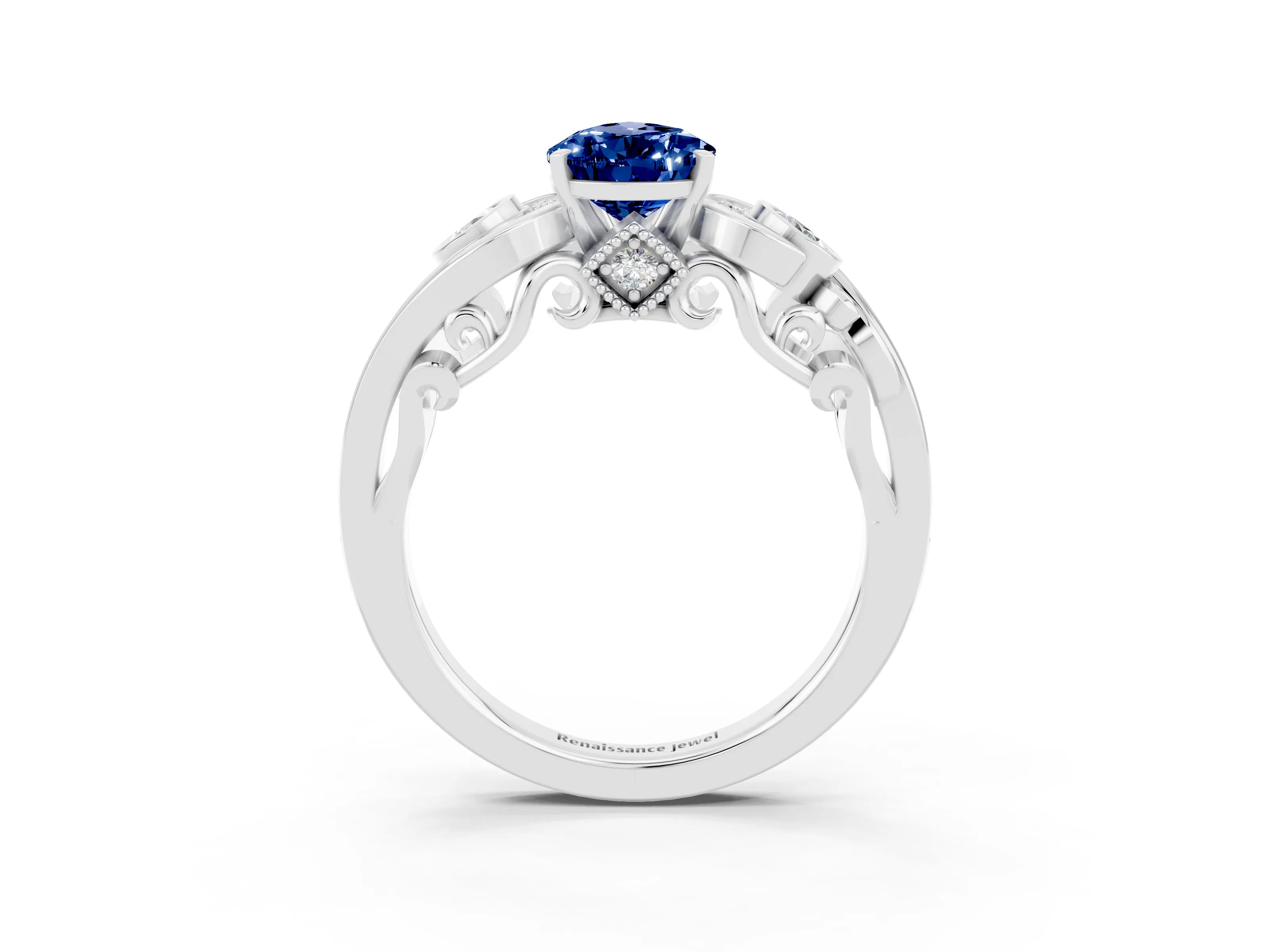 White gold Pear Cut Blue Sapphire Solitaire Ring with Milgrain Pavé Band and Four-Prong Setting_15