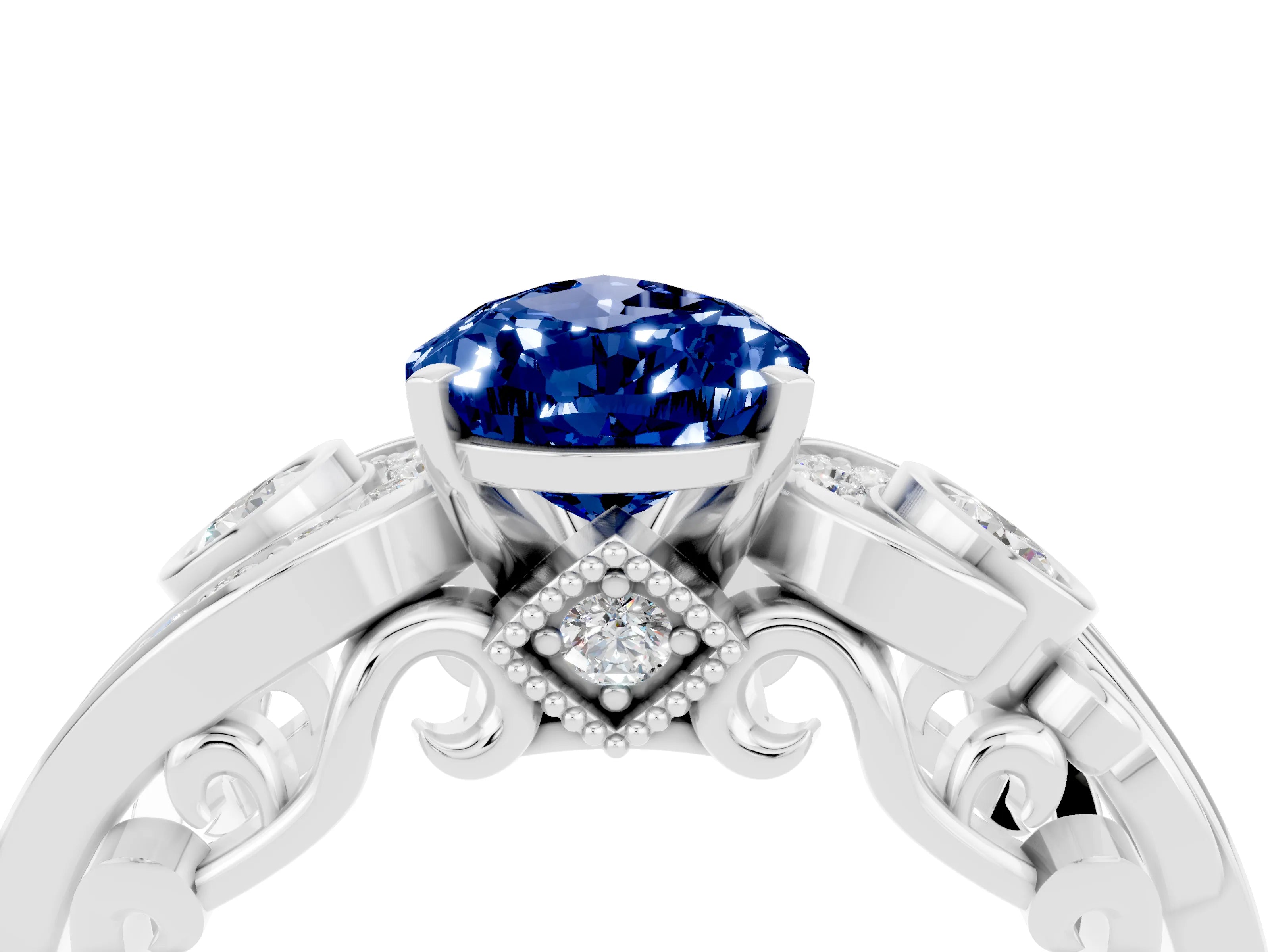 White gold Pear Cut Blue Sapphire Solitaire Ring with Milgrain Pavé Band and Four-Prong Setting_16