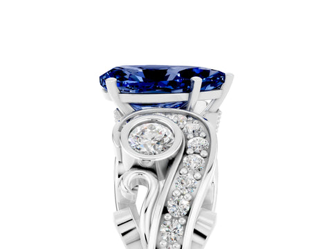 White gold Pear Cut Blue Sapphire Solitaire Ring with Milgrain Pavé Band and Four-Prong Setting_17