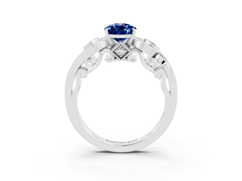 White gold Pear Cut Blue Sapphire Solitaire Ring with Milgrain Pavé Band and Four-Prong Setting_51
