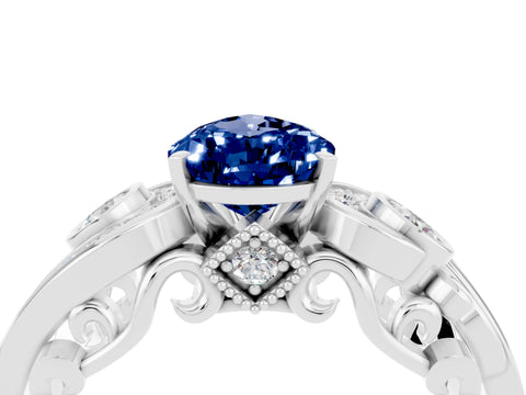 White gold Pear Cut Blue Sapphire Solitaire Ring with Milgrain Pavé Band and Four-Prong Setting_52