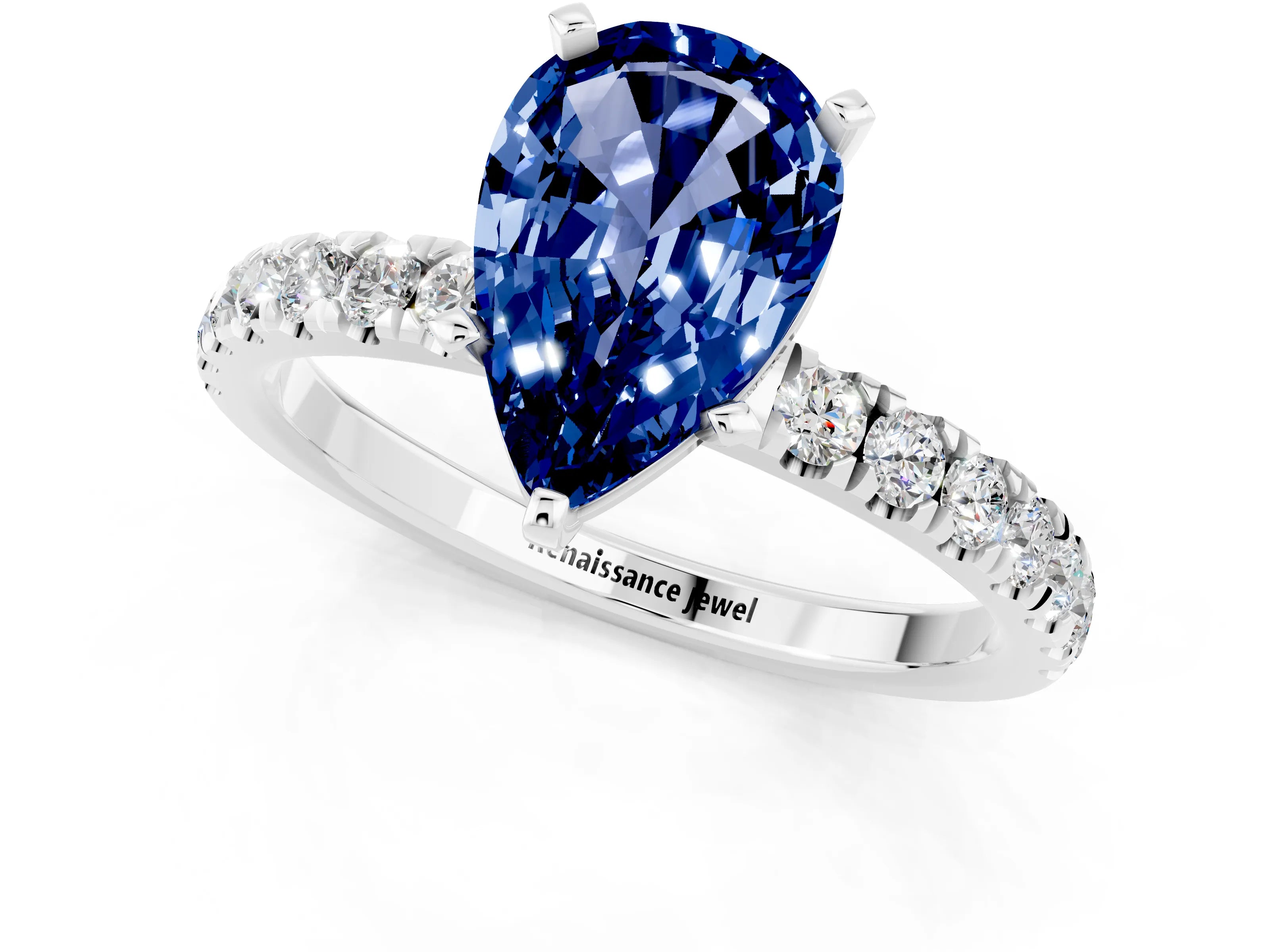 White gold Pear Cut Blue Sapphire Solitaire Ring with Pavé Accents and Four-Prong Setting_1