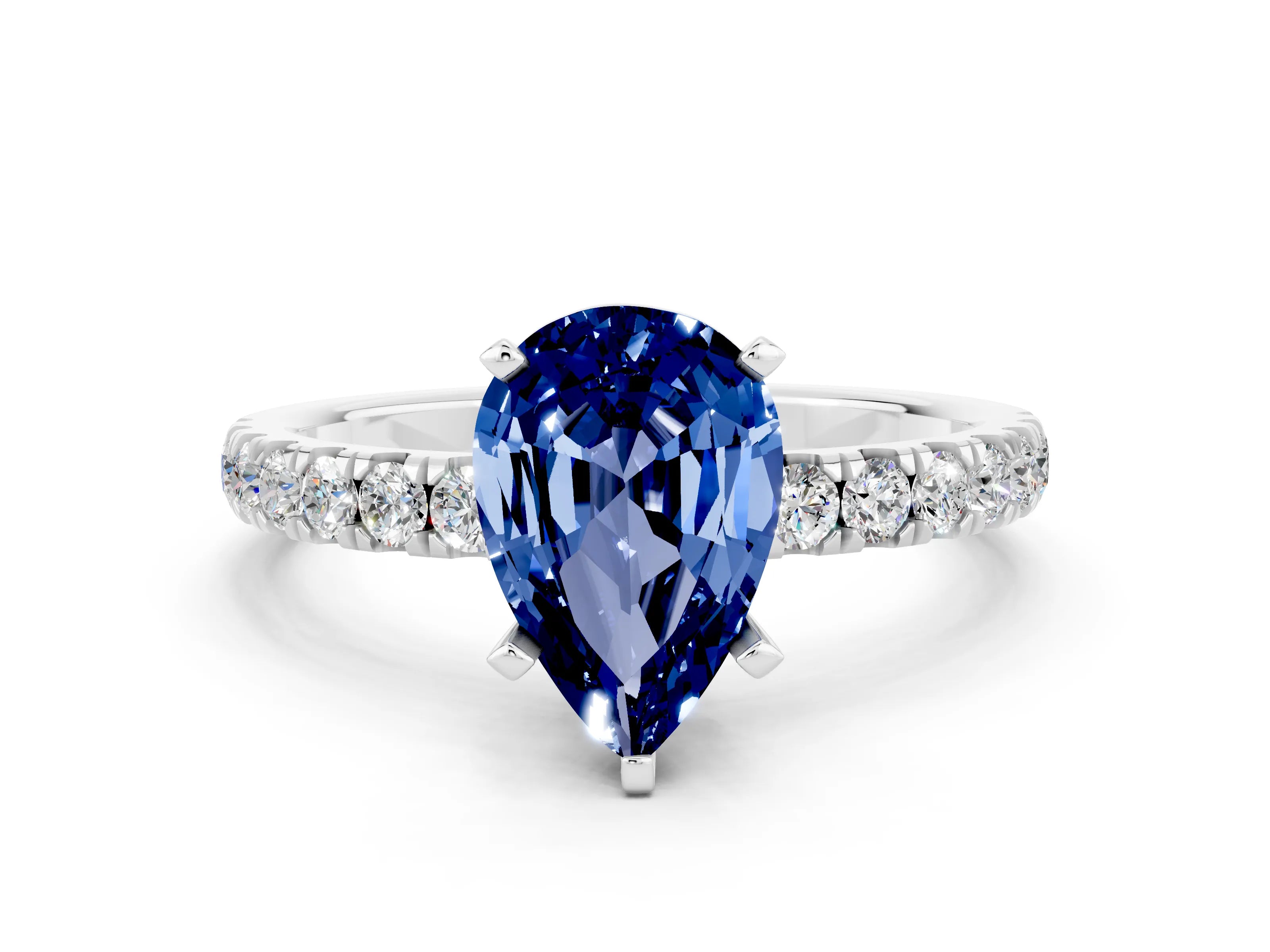 White gold Pear Cut Blue Sapphire Solitaire Ring with Pavé Accents and Four-Prong Setting