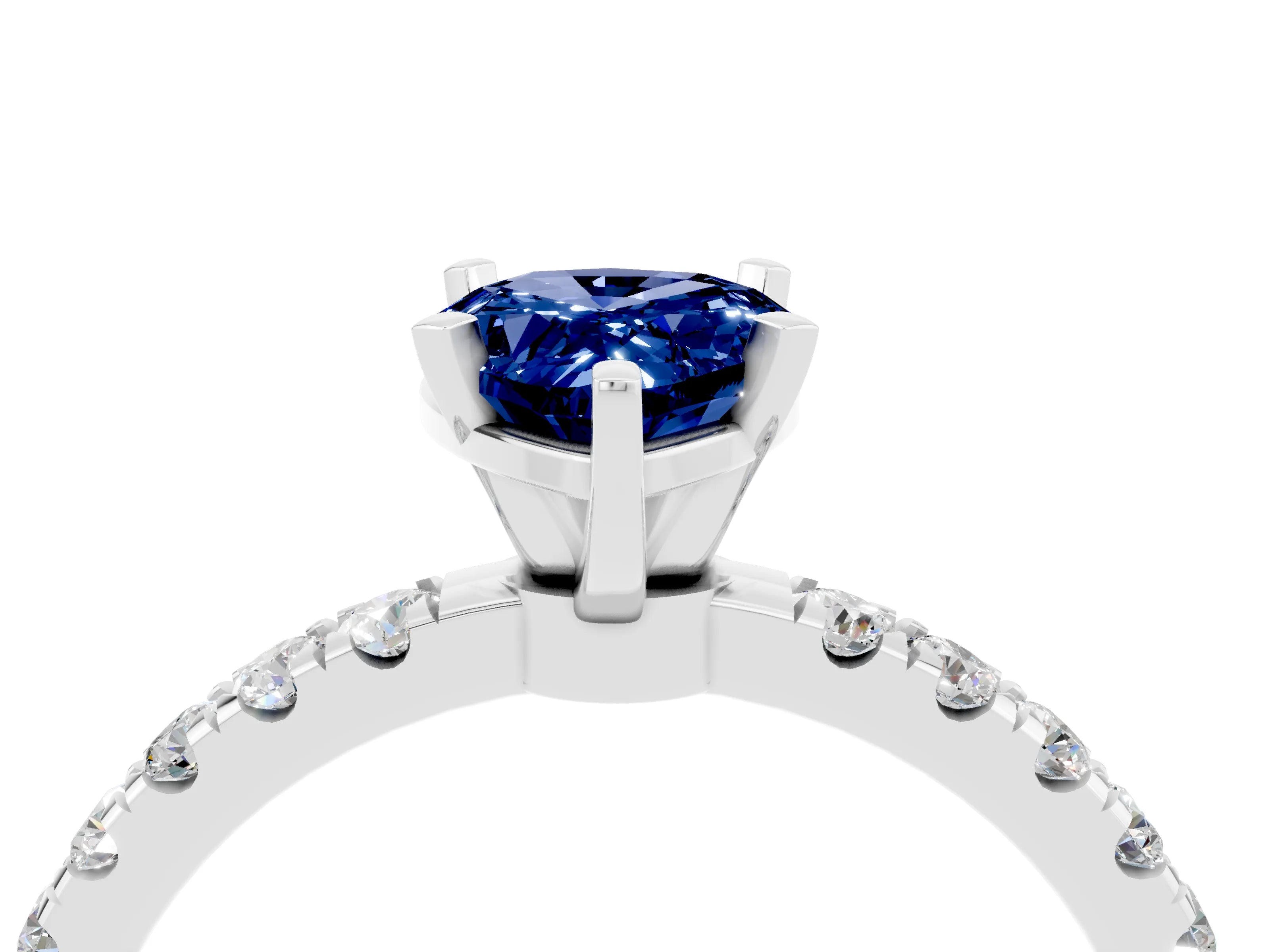 White gold Pear Cut Blue Sapphire Solitaire Ring with Pavé Accents and Four-Prong Setting_4
