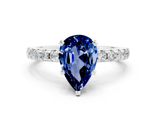 Platinum Pear Cut Blue Sapphire Solitaire Ring with Round  Pavé Band and Four-Prong Setting