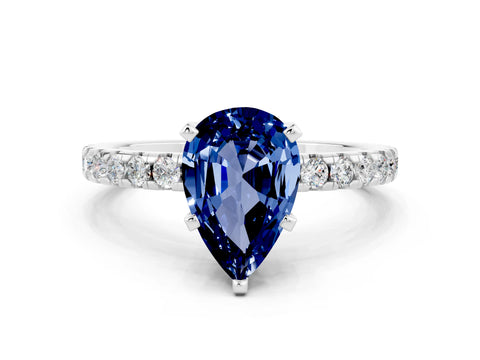 White gold Pear Cut Blue Sapphire Solitaire Ring with Pavé Band and Four-Prong Setting_12