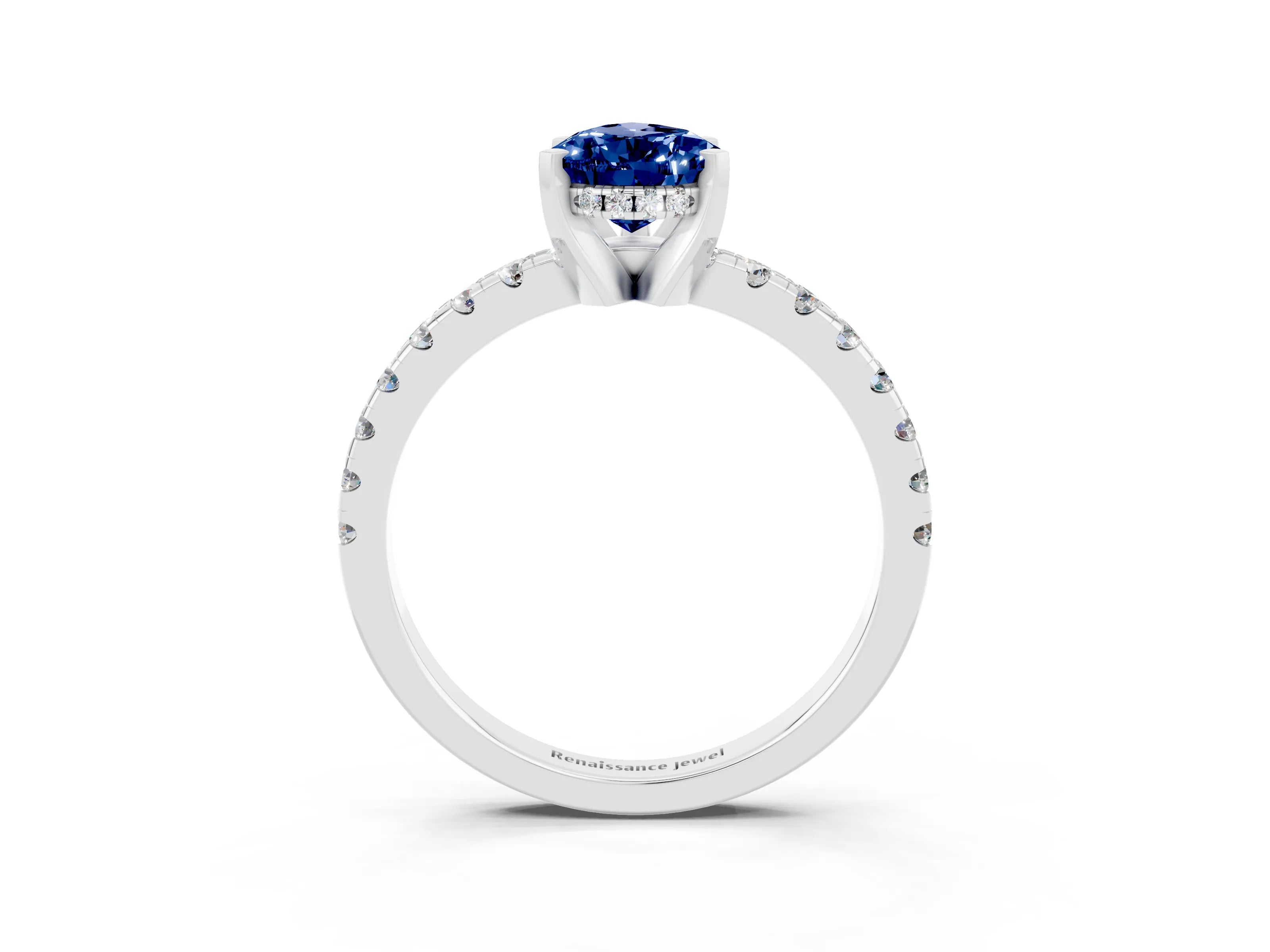White gold Pear Cut Blue Sapphire Solitaire Ring with Pavé Band and Four-Prong Setting_15