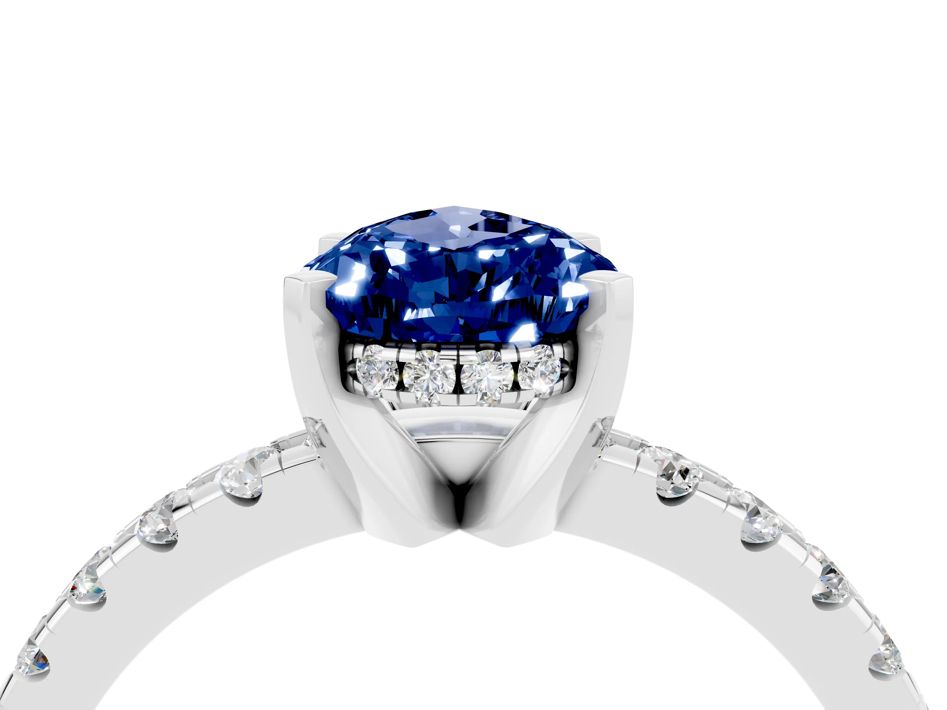 White gold Pear Cut Blue Sapphire Solitaire Ring with Pavé Band and Four-Prong Setting_16