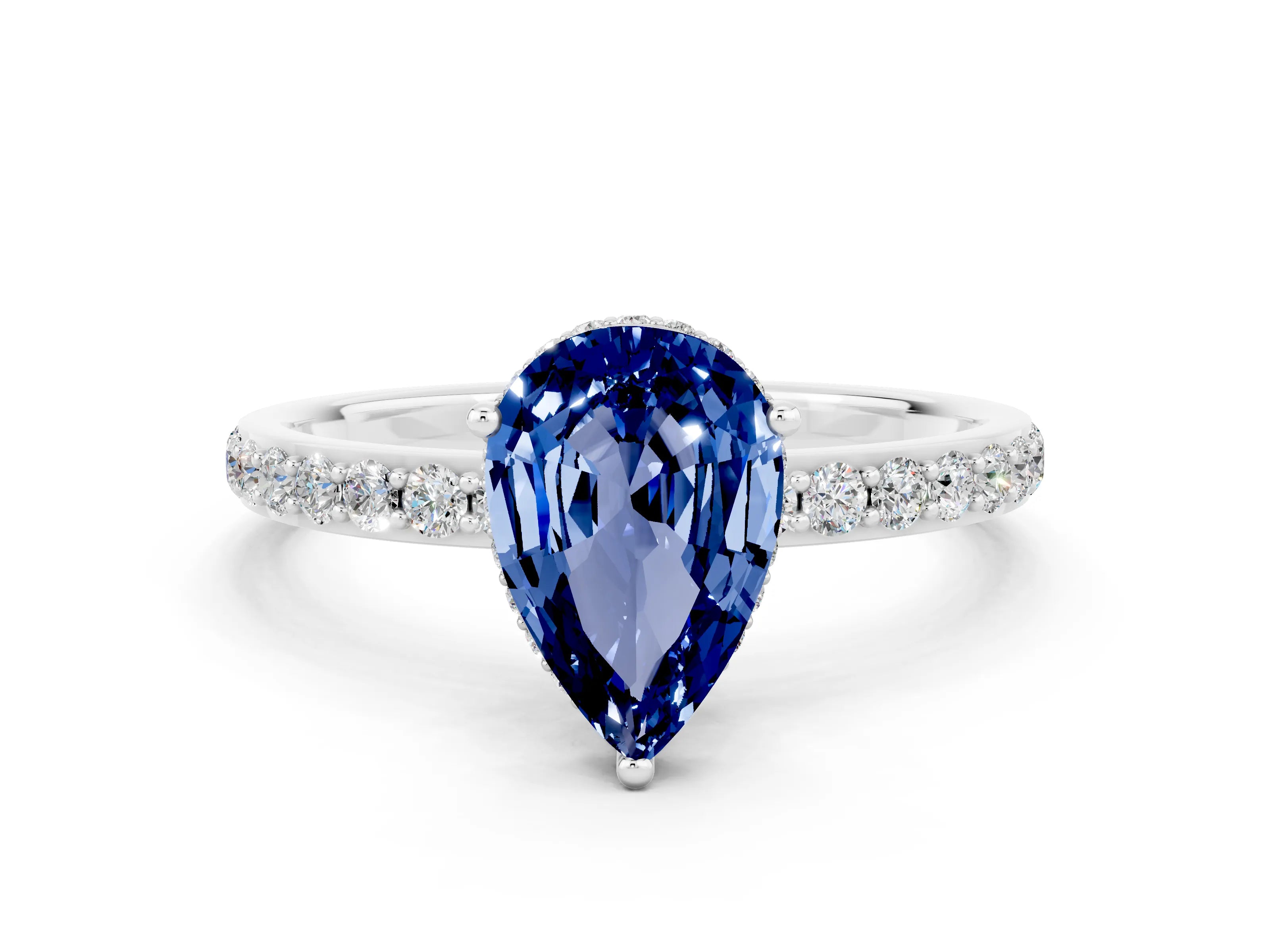 White gold Pear Cut Blue Sapphire Solitaire Ring with Pavé Band and Hidden Halo