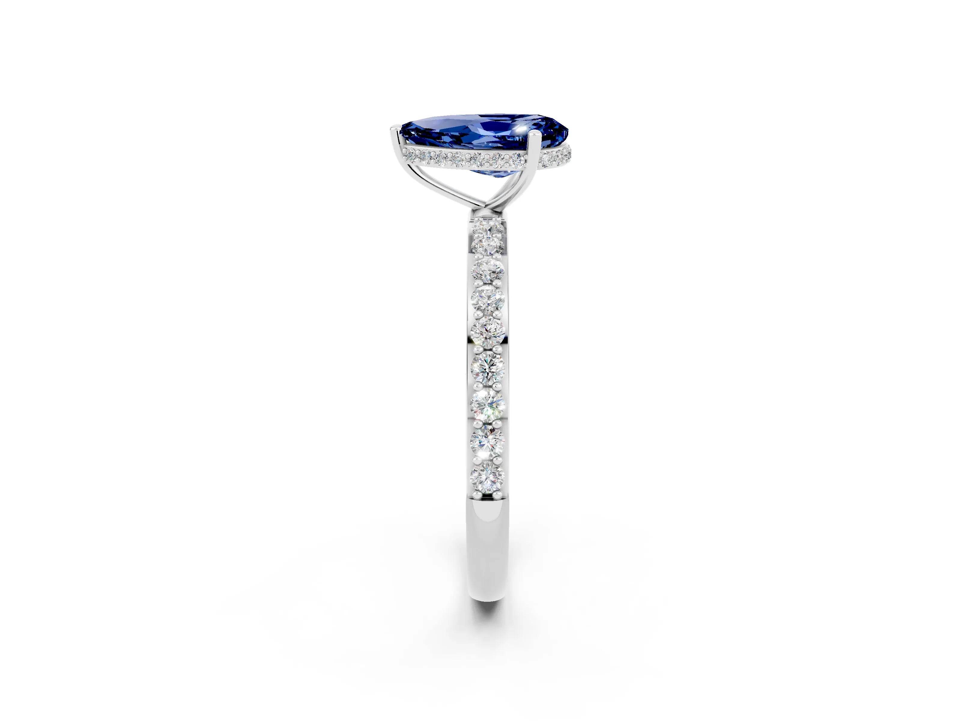White gold Pear Cut Blue Sapphire Solitaire Ring with Pavé Band and Hidden Halo_2