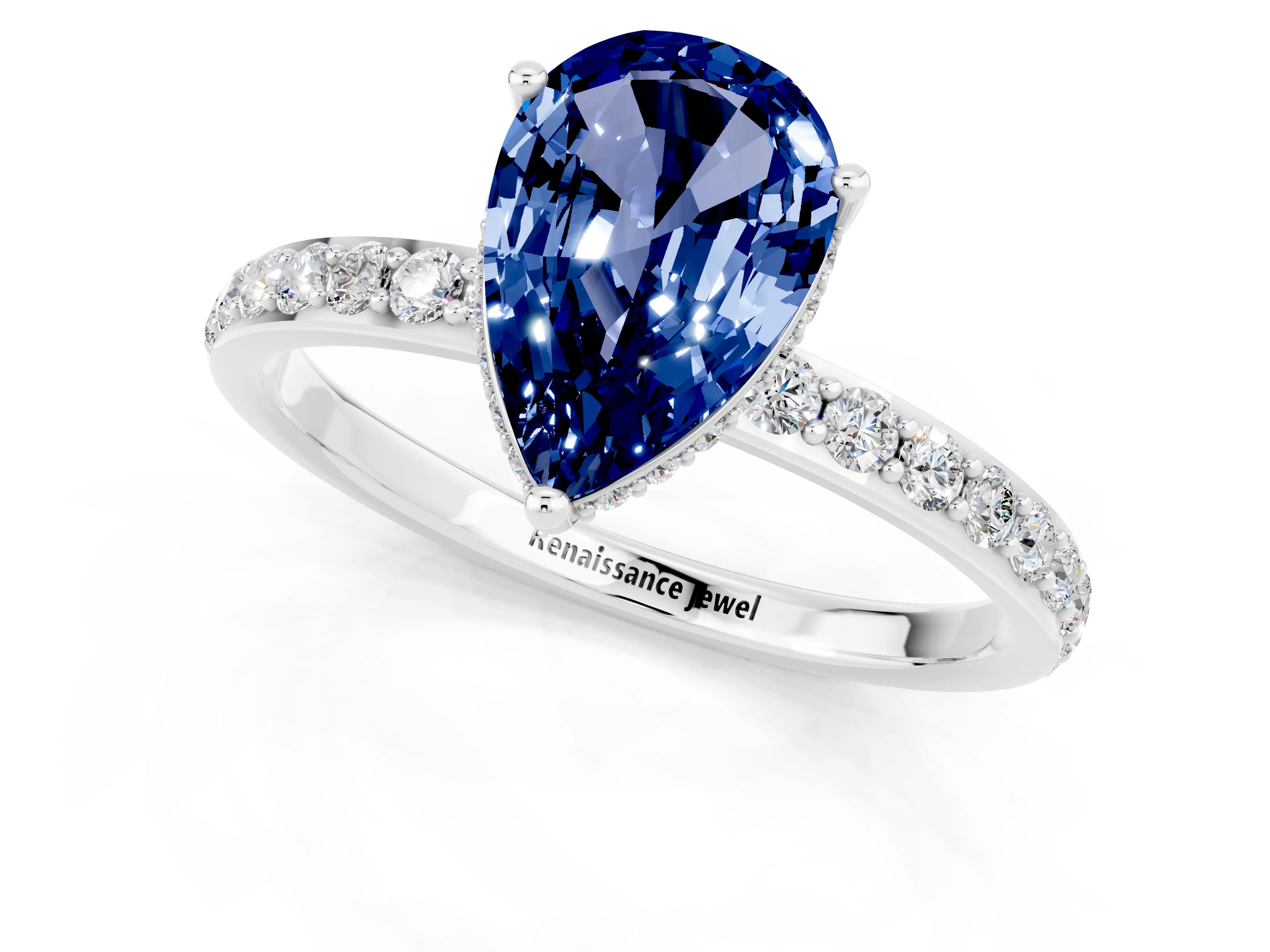 White gold Pear Cut Blue Sapphire Solitaire Ring with Pavé Band and Hidden Halo_25