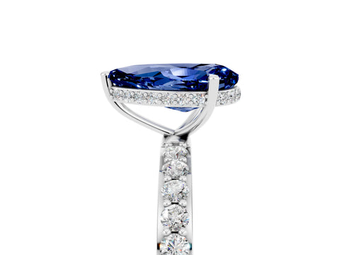 White gold Pear Cut Blue Sapphire Solitaire Ring with Pavé Band and Hidden Halo_29