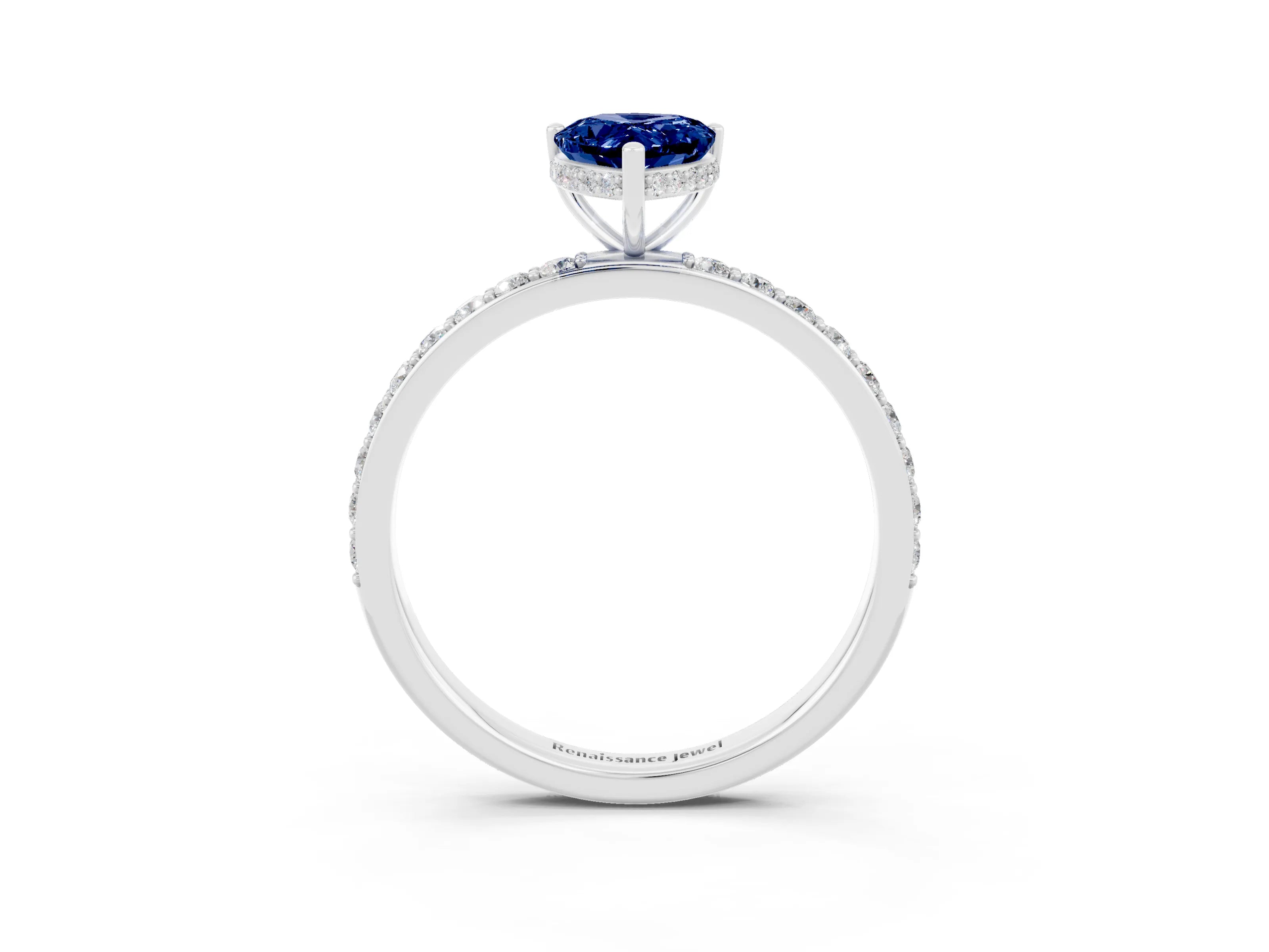 White gold Pear Cut Blue Sapphire Solitaire Ring with Pavé Band and Hidden Halo_3