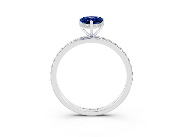 Silver Pear Cut Blue Sapphire Solitaire Ring with Pavé Band and Hidden Halo