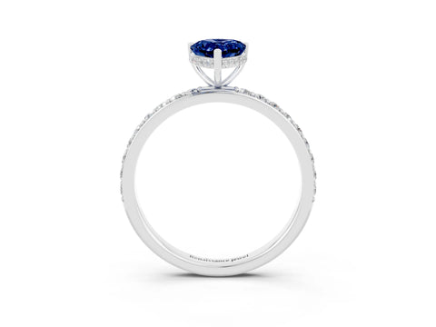 White gold Pear Cut Blue Sapphire Solitaire Ring with Pavé Band and Hidden Halo_3