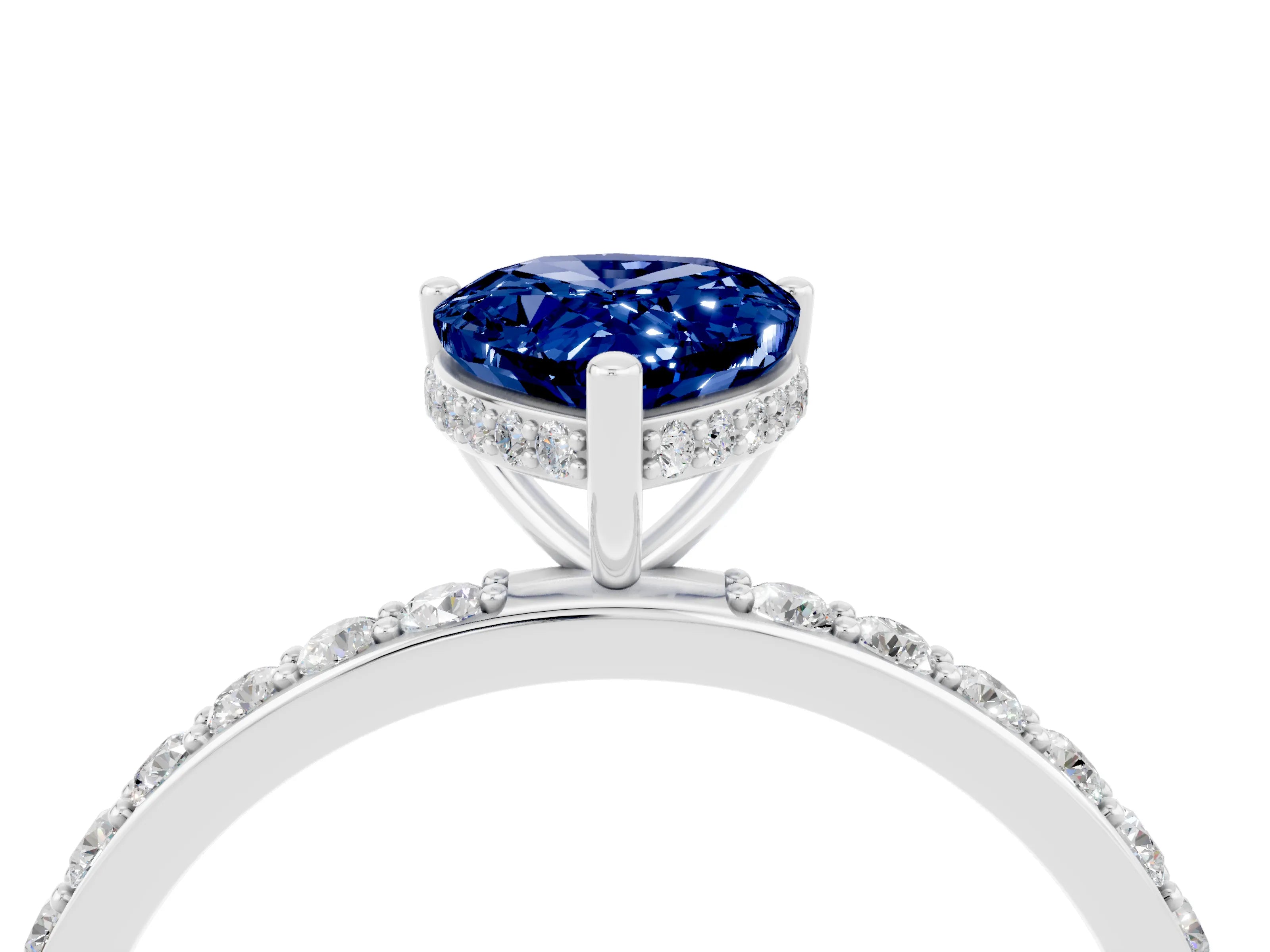 White gold Pear Cut Blue Sapphire Solitaire Ring with Pavé Band and Hidden Halo_4