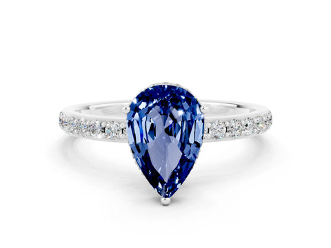 White gold Pear Cut Blue Sapphire Solitaire Ring with Pavé Band and Hidden Halo