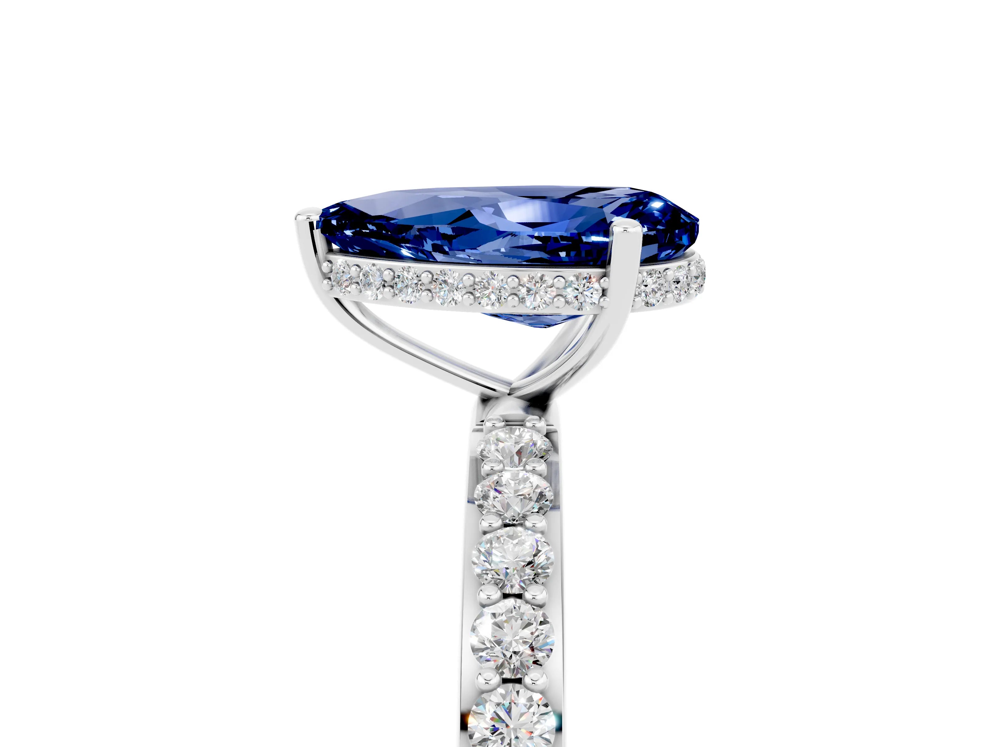 White gold Pear Cut Blue Sapphire Solitaire Ring with Pavé Band and Hidden Halo_5
